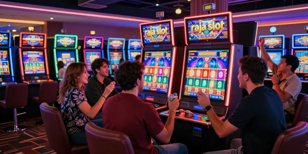 Exciting raja slot gaming moment with diverse players celebrating a big win in vibrant casino.