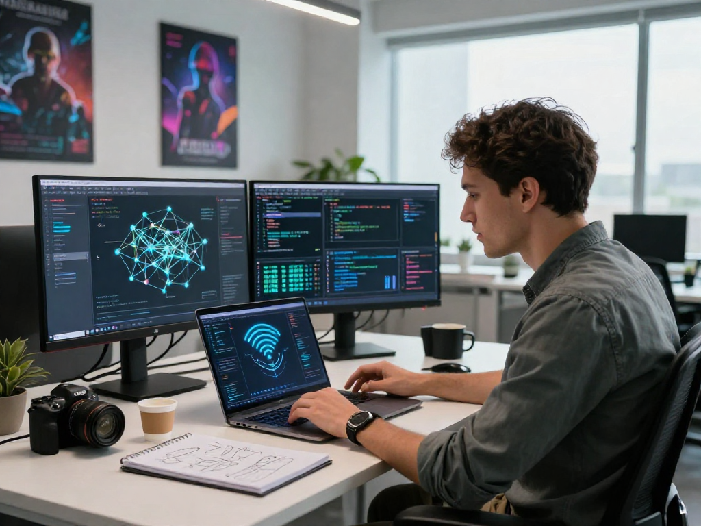 Seorang insinyur perangkat lunak menganalisis teknologi wifi 4d di kantor modern.