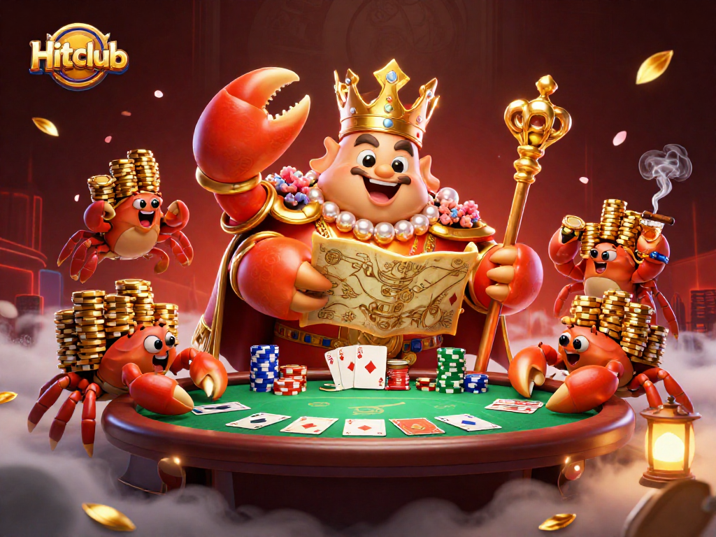 Hitclub captivates players with a golden crab emperor amidst poker chips and lively cards.