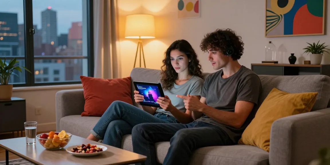 Couple enjoying mind control porn games on a tablet in a cozy urban living room.