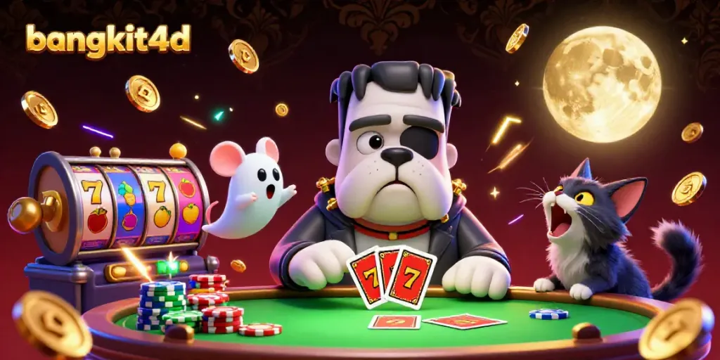 Bermain slot online di bangkit4d dengan karakter Frankenstein bulldog, beruang, dan koin emas yang berjatuhan.