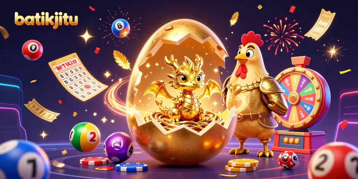 Batikjitu menampilkan naga emas dalam telur pecah, dikelilingi bola lotere dan kartu bingo.