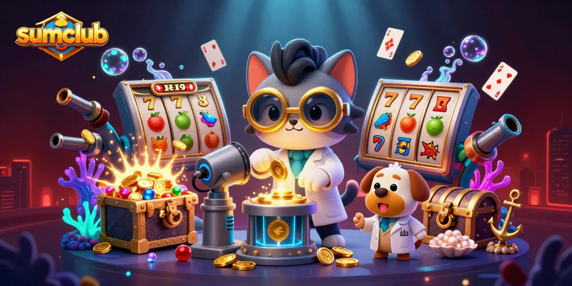 Join sumclub's exciting slots adventure with a cartoon scientist cat and dog creating gold coins.