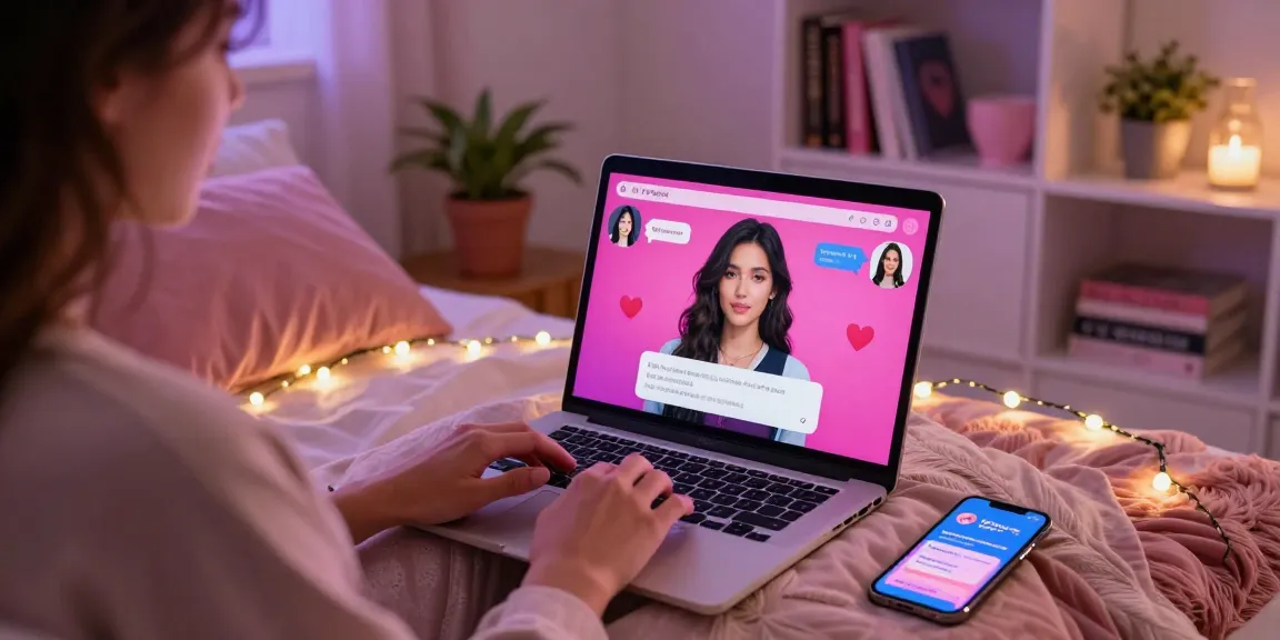 Engaging chat with an NSFW AI girlfriend, in a cozy bedroom setting with soft lighting and romantic decor.