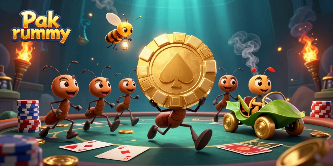 Experience high-stakes gameplay with Pak rummy as ants masterfully transport a giant poker chip