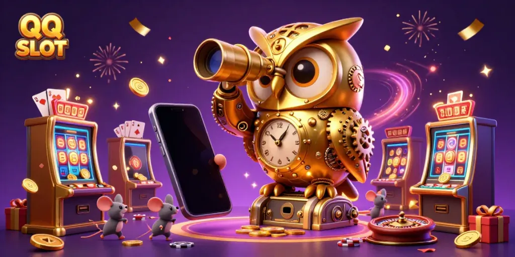 Experience the excitement of QQ SLOT with vibrant 3D casino elements and dynamic joyful characters.