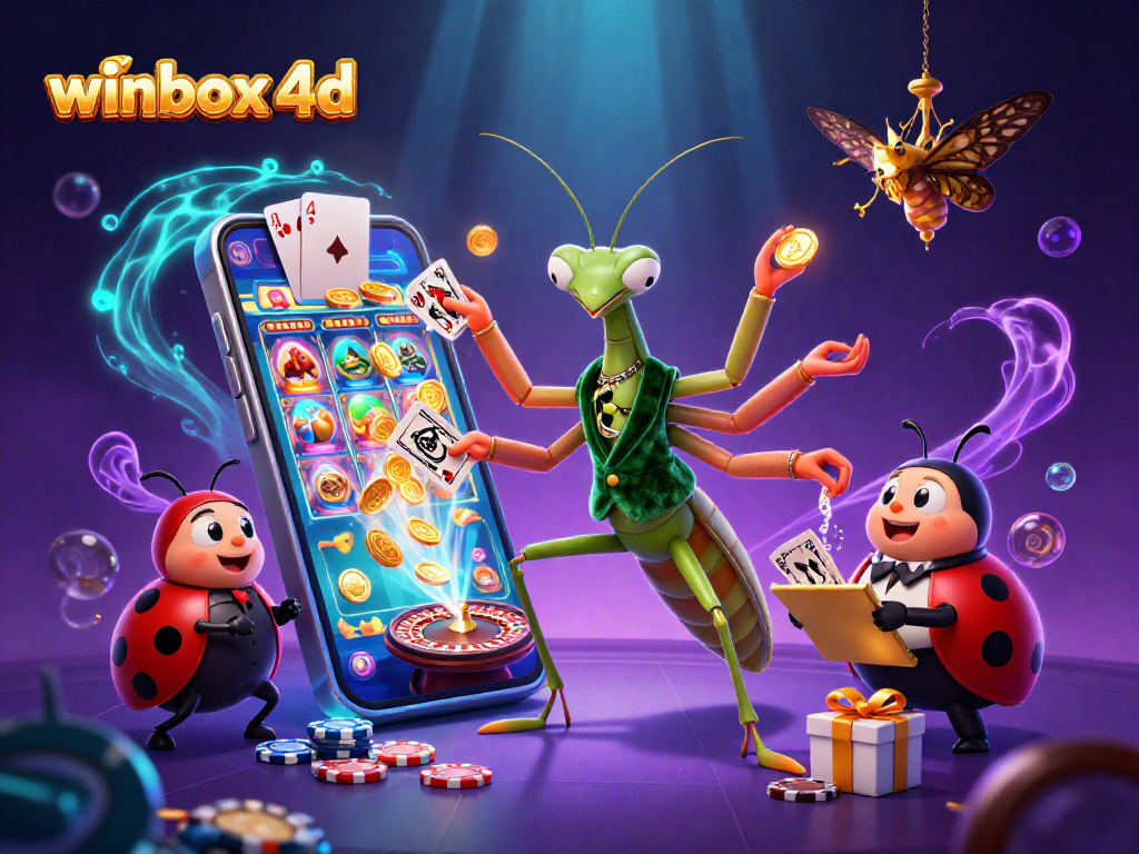 Winbox 4d animation featuring a giant mantis dealer and vibrant slot game elements
