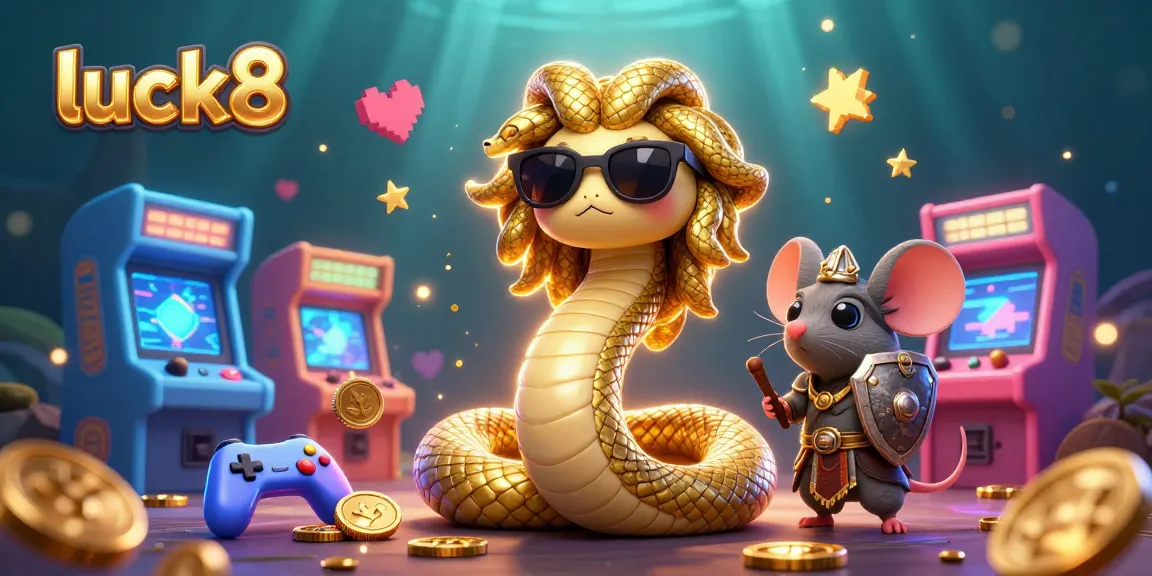 Experience the vibrant luck8 gaming scene with Medusa and a mouse warrior surrounded by dynamic casino elements.