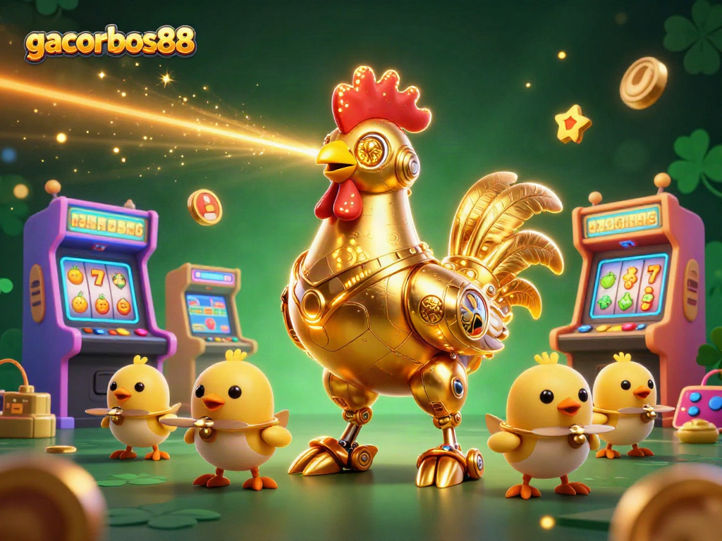 Engage with gacorbos88's vibrant casino experience featuring a golden rooster robot and arcade games.