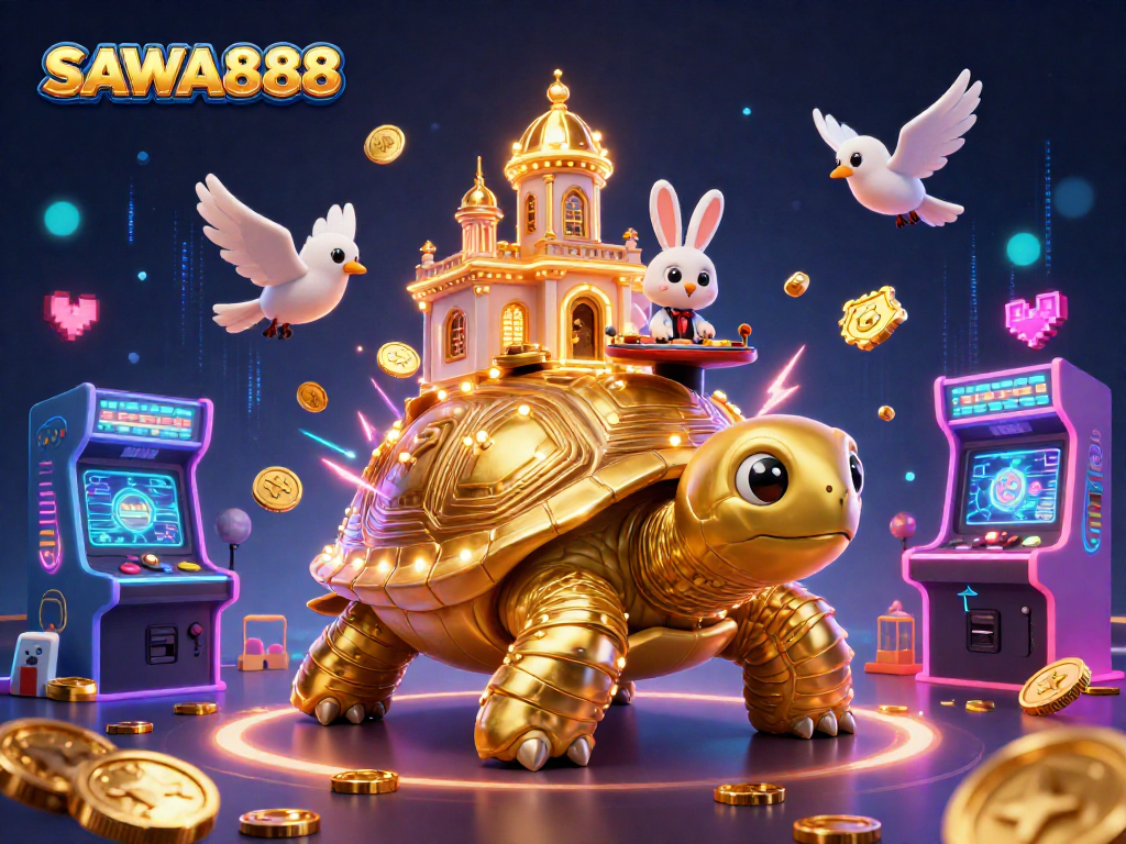 SAWA888 offers a vibrant online gaming experience, showcasing engaging characters and casino elements in a dynamic scene.