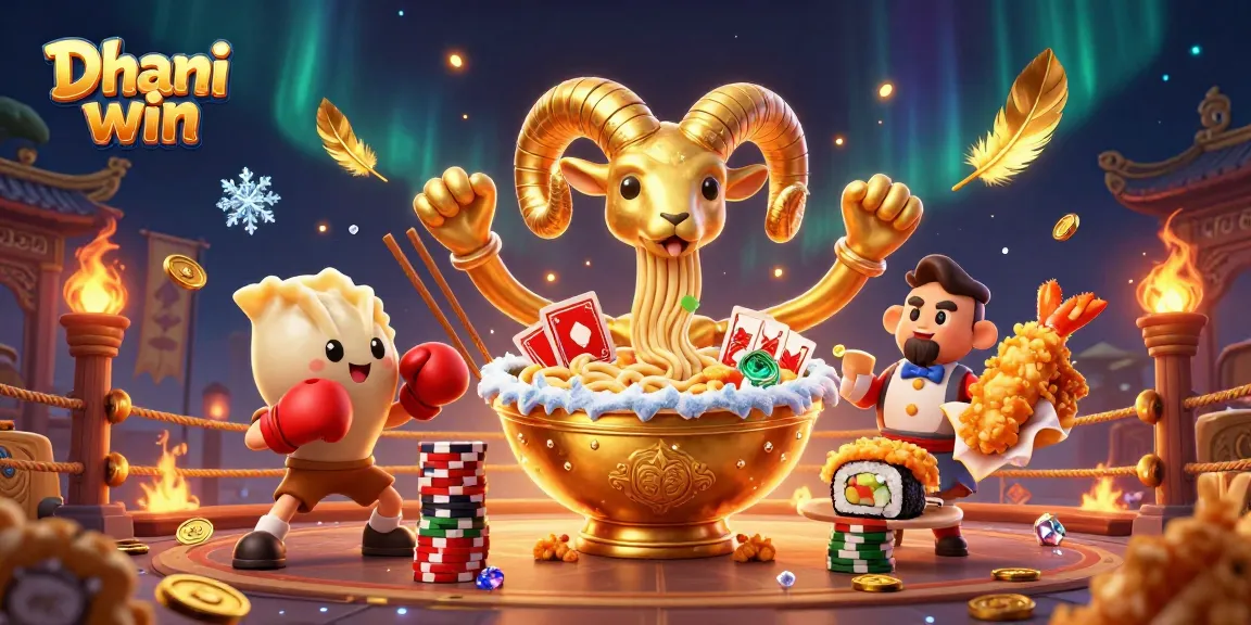 Dhani win platform showcasing an exciting 3D casino scene with a giant ramen bowl dealing cards and vibrant game elements.