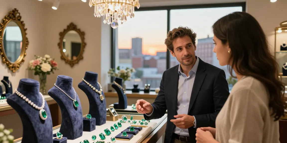 Explore quality gemstones at https://www.mygemspot.com, showcasing a gem expert in a stylish boutique.