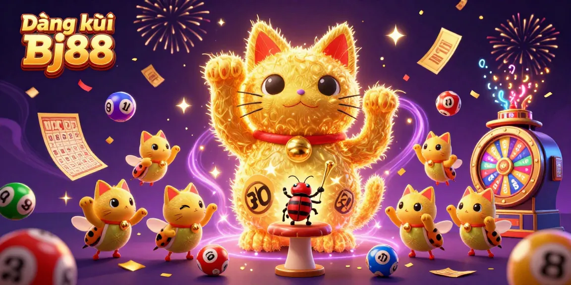 Win big with Đăng ký Bj88 - vibrant lottery balls and a lucky cat in a colorful casino scene!
