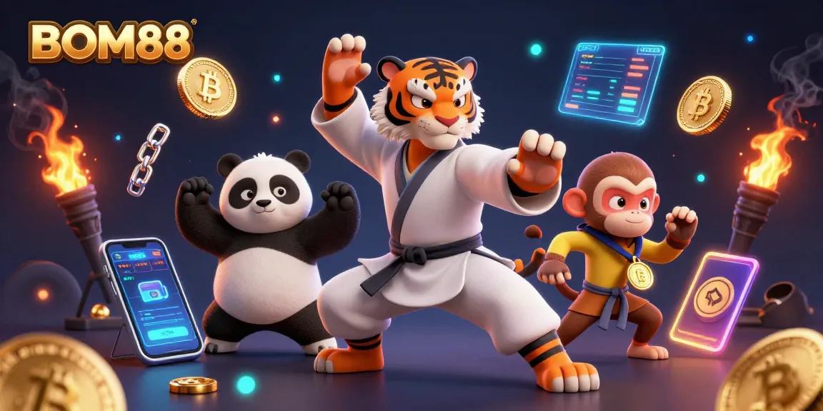 BOM88 offers exciting slots and casino games, featuring vibrant visuals with a kung fu tiger and friends.
