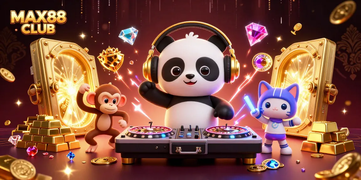 Engage with exciting gameplay at MAX88 CLUB, featuring a DJ panda and vibrant casino elements.