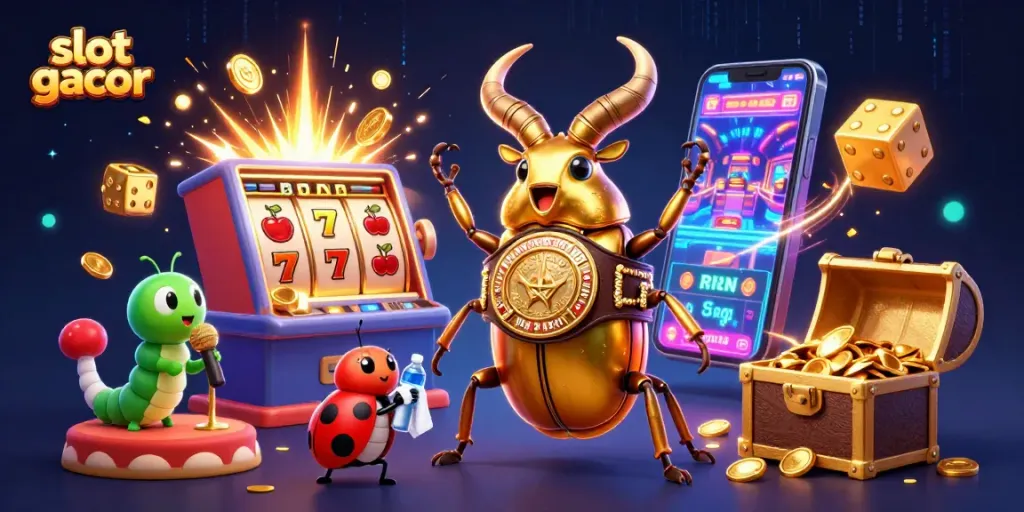Experience slot gacor excitement with a colorful casino scene featuring animated characters and slot machine elements.
