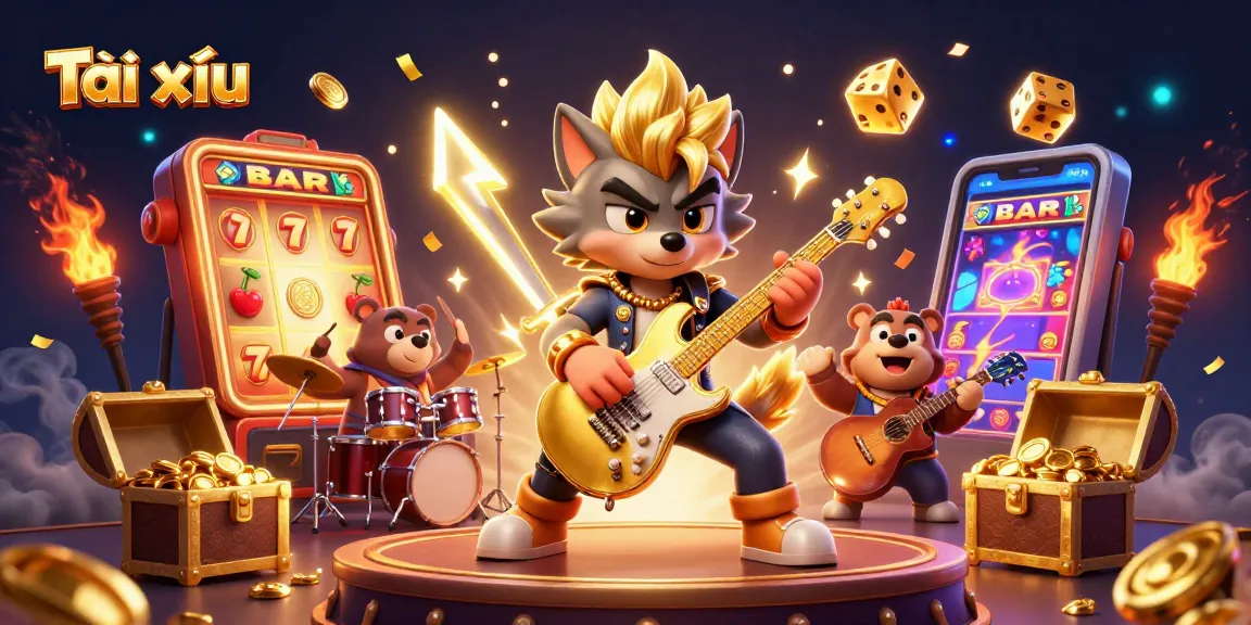 Tài xỉu players winning with a wolf rock star and a drummer bear on stage, bursting jackpots and vibrant casino effects.