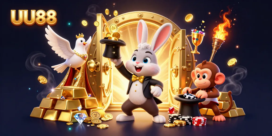 Experience gameplay excitement with UU88's vibrant casino scene featuring a magician rabbit and treasures.