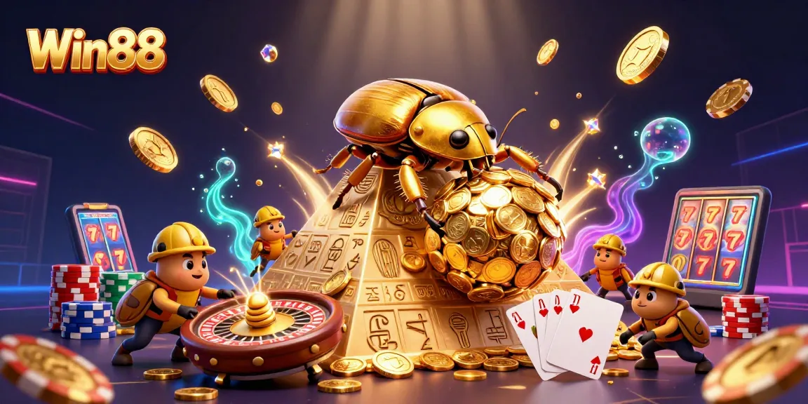 Experience the thrill of Win88 as a golden beetle rolls coins among vibrant casino elements.