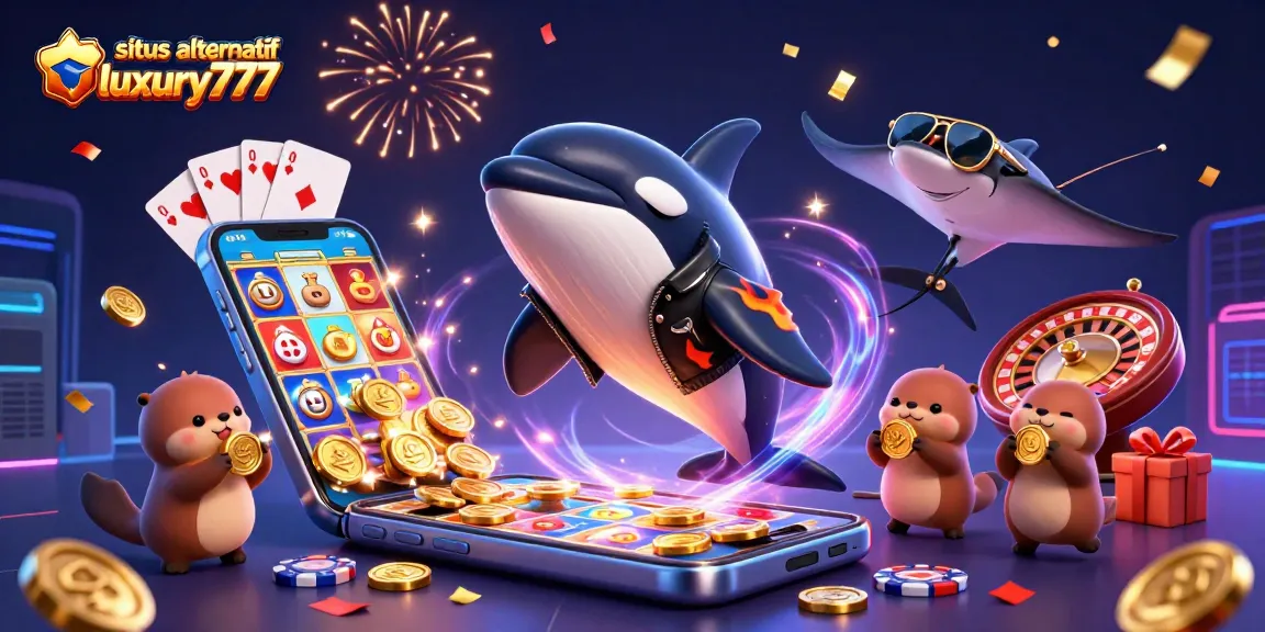 Situs alternatif luxury777 menampilkan ilustrasi 3D orca, stingray, dan berang-berang dengan koin emas dalam suasana kasino yang meriah.
