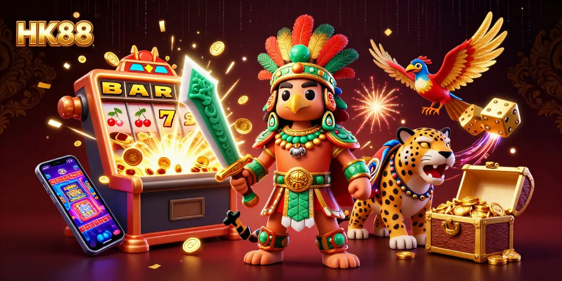 HK88 showcases vibrant slot machine jackpots exploding with coins alongside Aztec warriors in a rich casino setting.