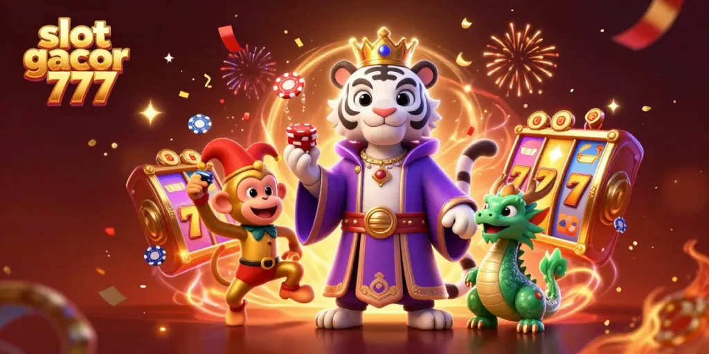 Engage with slot gacor 777 in a vibrant 3D casino scene featuring lively characters and dynamic game elements.