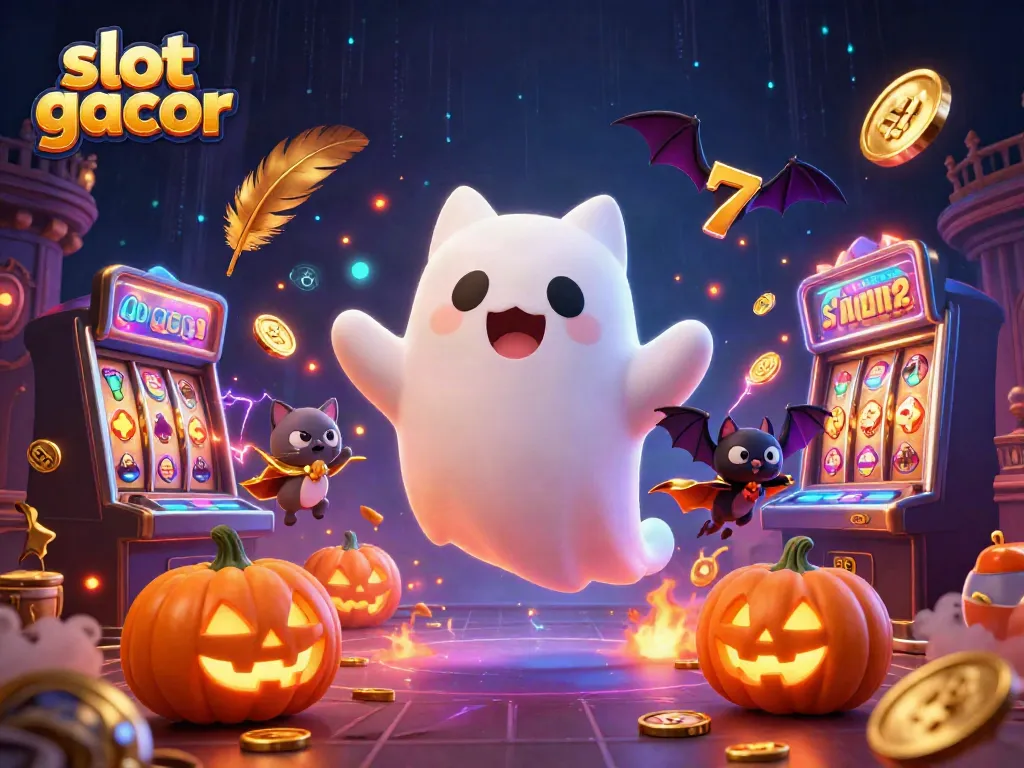 Experience the excitement of slot gacor with a playful ghost cat in a haunted casino bursting with glowing jackpots.