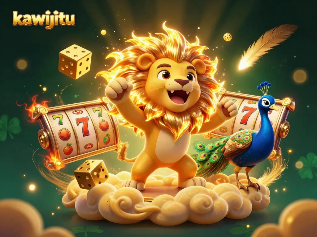 Play thrilling slots with kawijitu as the lion roars over a vibrant casino scene filled with excitement.