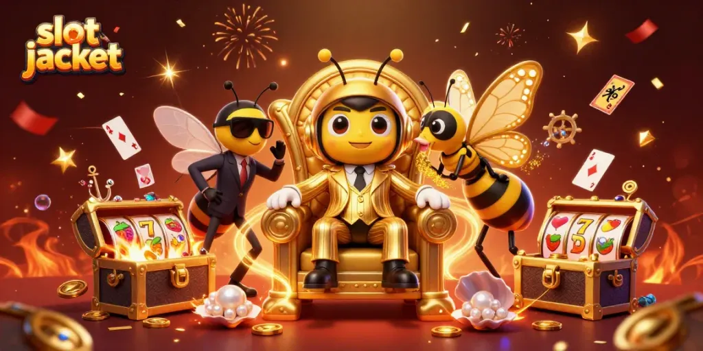 Experience the thrilling slot jackpot action with dynamic 3D characters amidst colorful casino symbols.