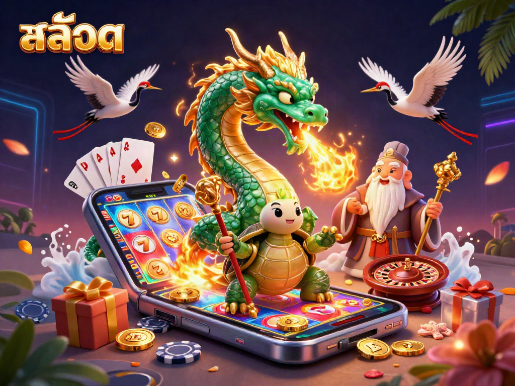 Engage with สล็อต featuring a jade dragon, turtle sage, and lucky cranes in a vibrant casino scene.