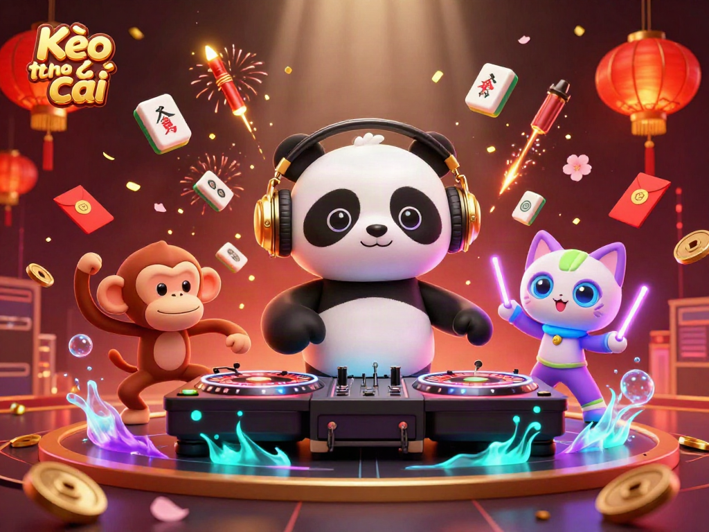 Kèo nhà cái showcases thrilling casino energy with a DJ panda, dancing monkey, and rave kitten.