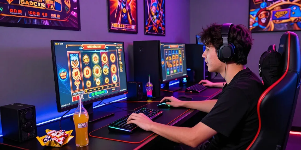 Gamer bersemangat bermain slot gacor dengan monitor besar dan aksesori gaming, suasana meriah dan energik.