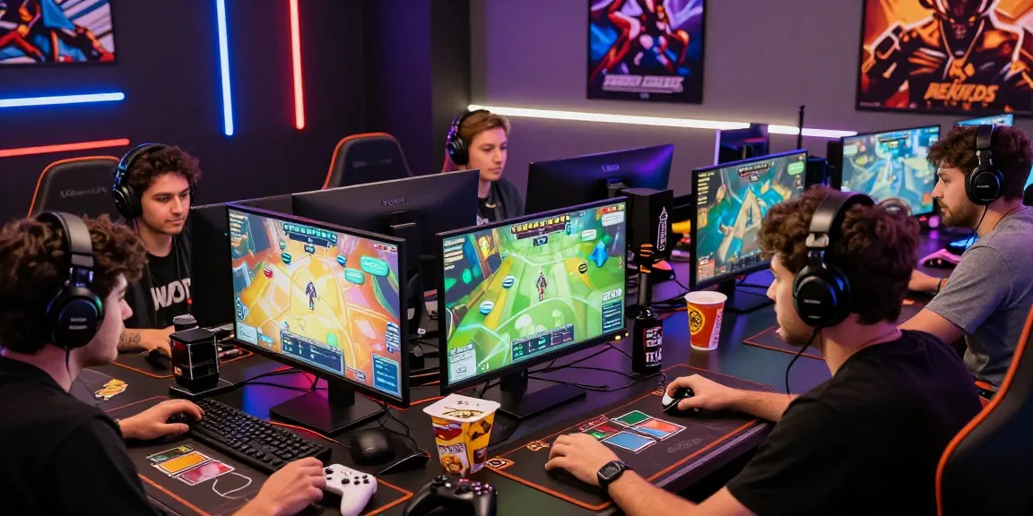 Sunwin online gaming players engaged in a competitive card game with vibrant screens and gaming setup.