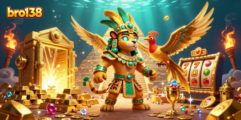 Experience thrilling wins at bro138 with exciting slot reels and captivating treasures in a vibrant casino scene.