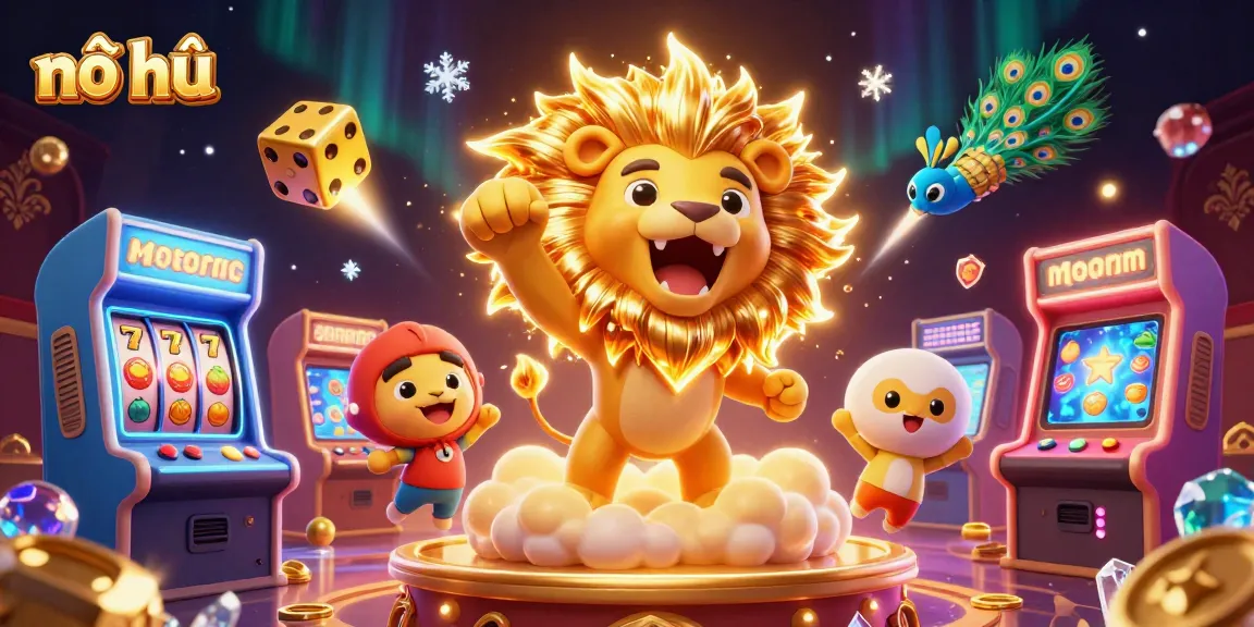 Nổ hũ jackpot scene with a roaring lion, golden dice, and colorful game elements.
