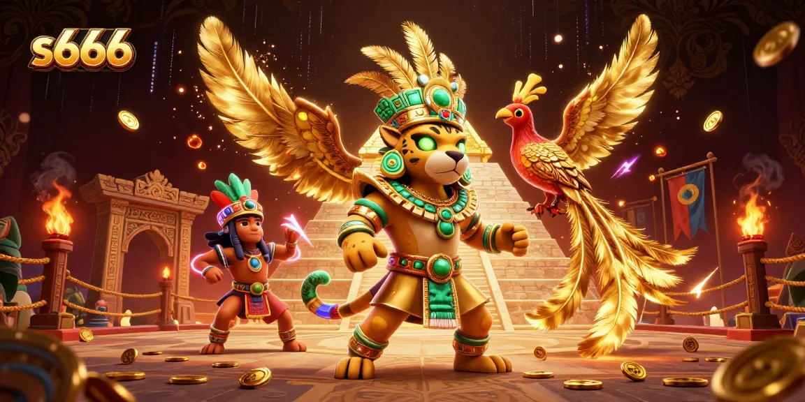 Experience the thrill of betting at s666 with vibrant casino scenes, featuring a Mayan jaguar priest and golden decorations.