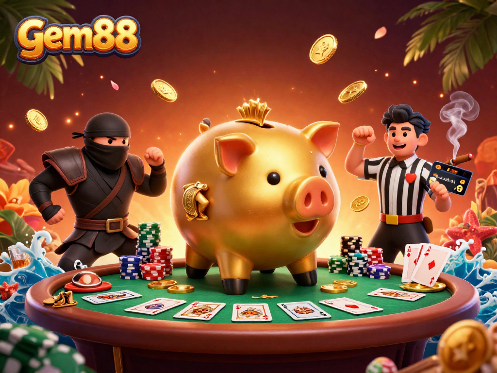 Experience thrilling poker action with gem88's giant piggy bank sumo wrestling, showcasing chips and cards.