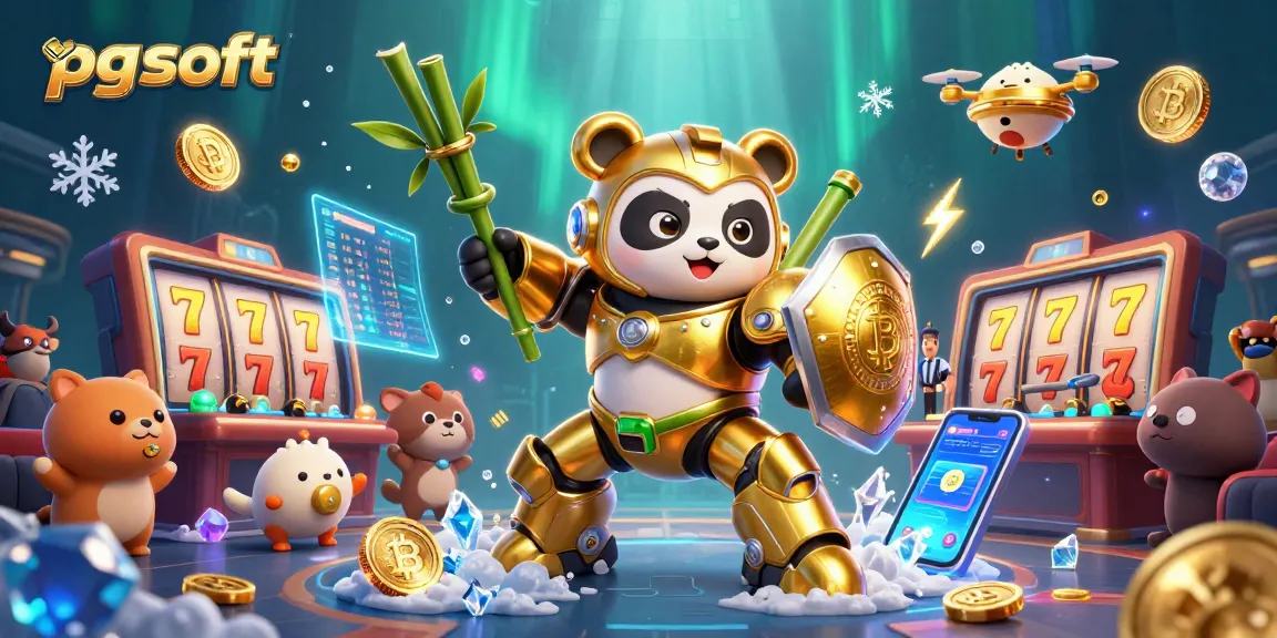 Experience the excitement of pg soft slots with a golden panda mech battling in a vibrant casino arena.