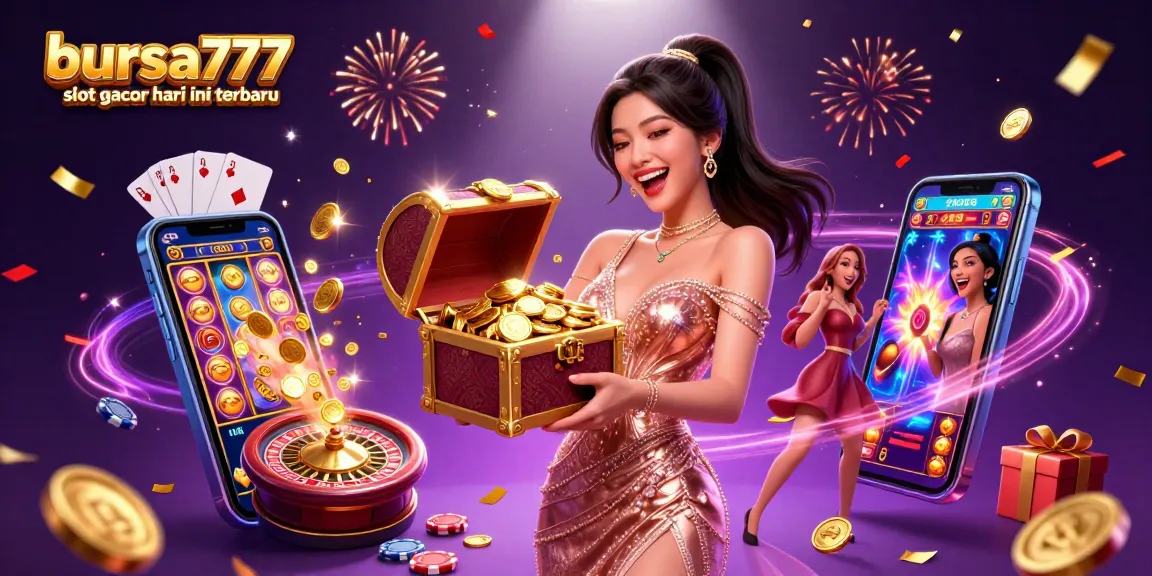 Bursa777 slot gacor hari ini terbaru showcases an Asian woman thrilled with treasure, surrounded by exciting slot gaming elements.