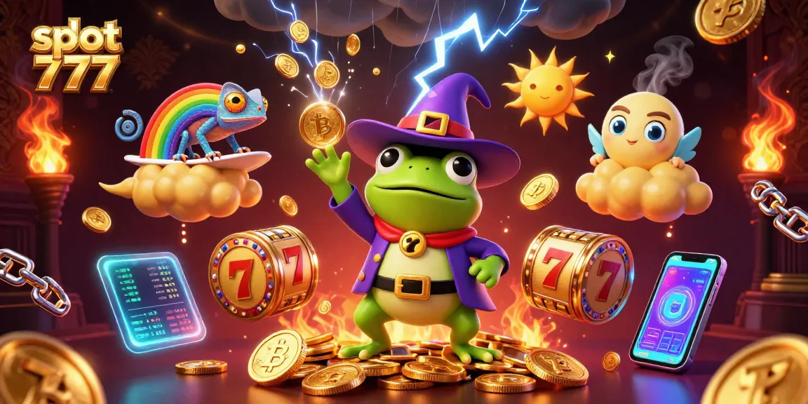 Experience the thrill of slot 777 with a wizard frog and chameleon in a vibrant 3D casino scene.