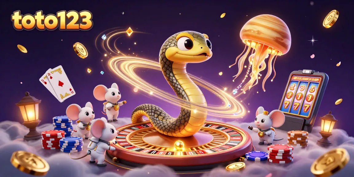 Experience thrilling wins with toto123 as colorful chips and coins circulate a cosmic roulette wheel.