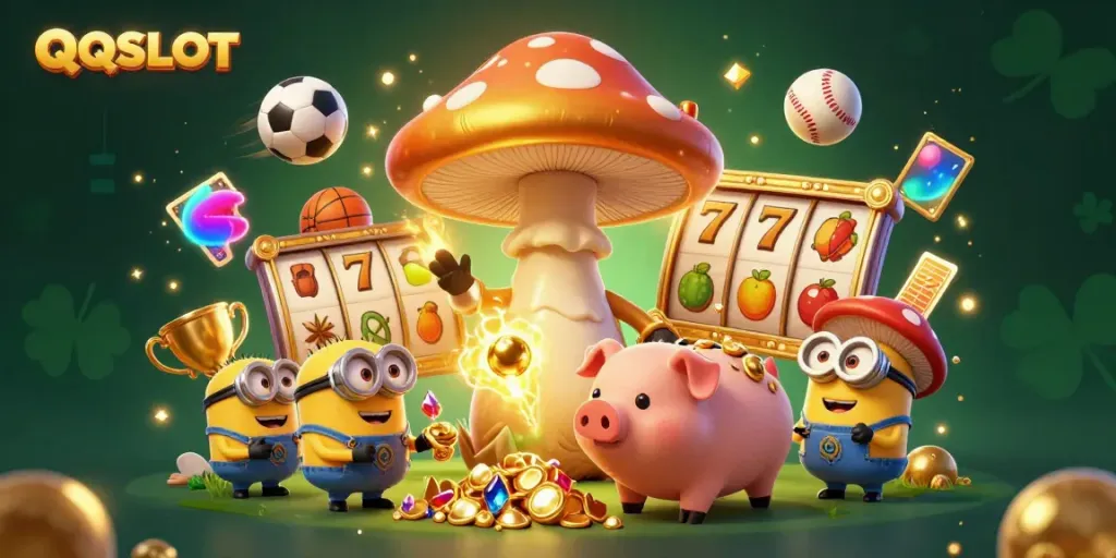 Engage with QQSLOT's magical golden world featuring slot gaming elements in a vibrant atmosphere.