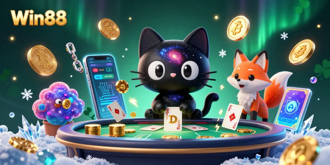 Win88 casino experience with a cosmic theme featuring a black hole cat and colorful gas fox.