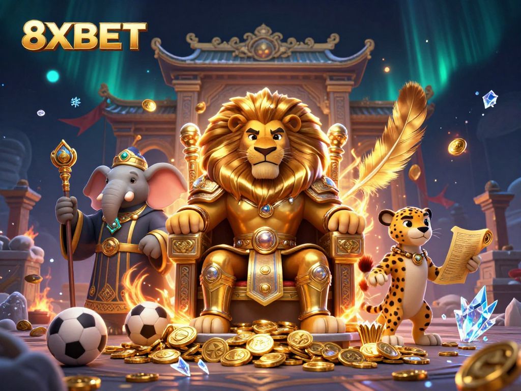 8XBET features a fierce lion king and wise elephant in a dynamic casino scene filled with rich gaming elements.