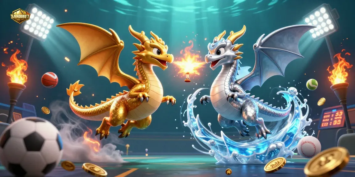 SANDIBET showcases dynamic gaming with intertwined dragons and vibrant sports elements, emphasizing excitement.