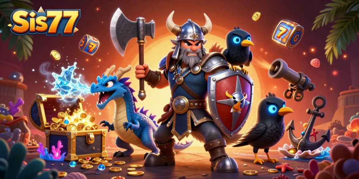 Menangkan slot online di Sis77 dengan karakter Viking, naga, dan burung gagak dalam suasana kasino menarik.