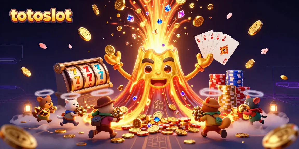 Totoslot's golden volcano erupts coins and treasures, showcasing an energetic casino scene with slot reels.