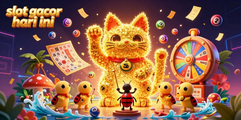 Slot gacor hari ini dengan pemimpin beruang pengendali dan kucing keberuntungan dalam suasana judi yang meriah.