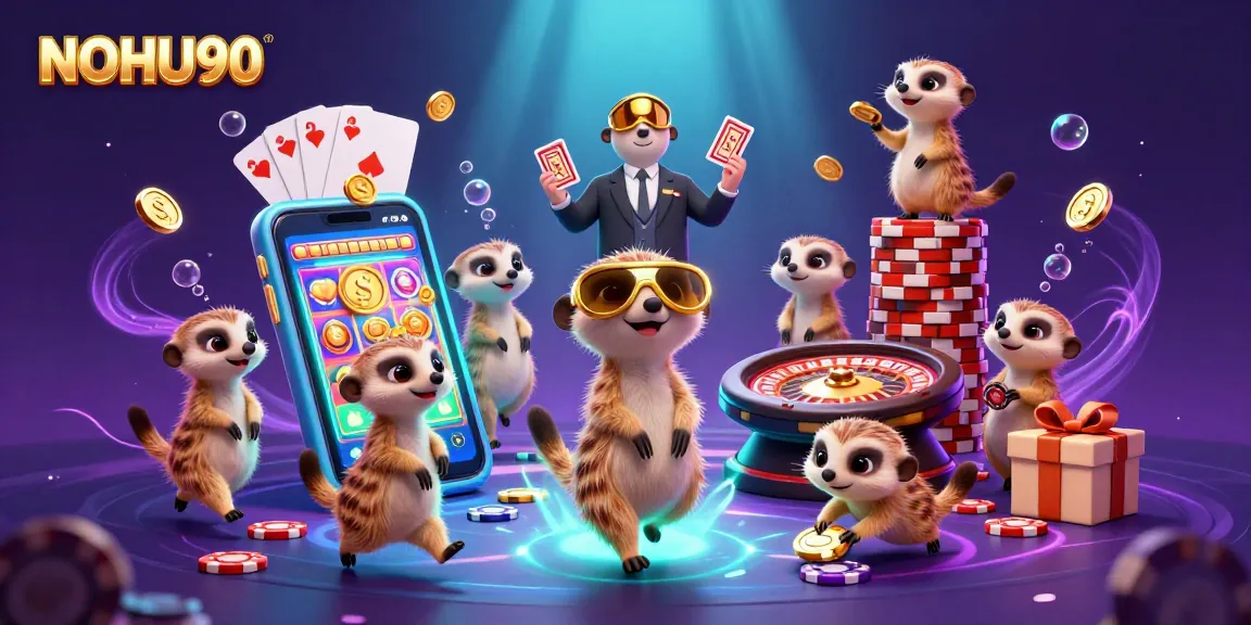Engage with exciting gaming at NOHU90 featuring adorable meerkats operating a vibrant casino.
