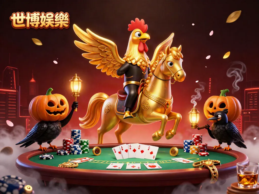 世博娱乐在午夜赌场中展现丰富的赌博元素，黄金公鸡骑着幽灵马伴随南瓜头乌鸦。